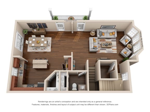 a 3d rendering of our 1 bedroom apartment at the crossings at white marsh apartments in white