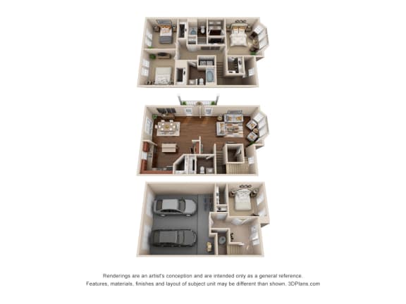 a 3d floor plan of a 3 bedroom apartment
