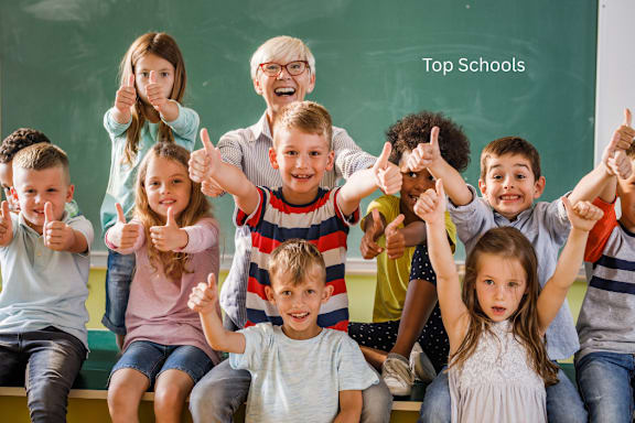 A group of children giving thumbs up in front of a chalkboard with the text "Top Schools" written on it.