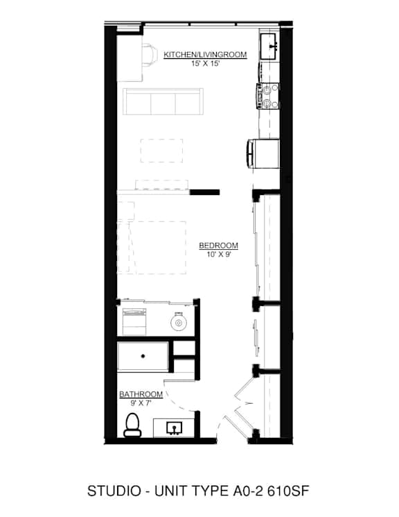 A floor plan of a studio apartment with a kitchen, bedroom and bathroom.