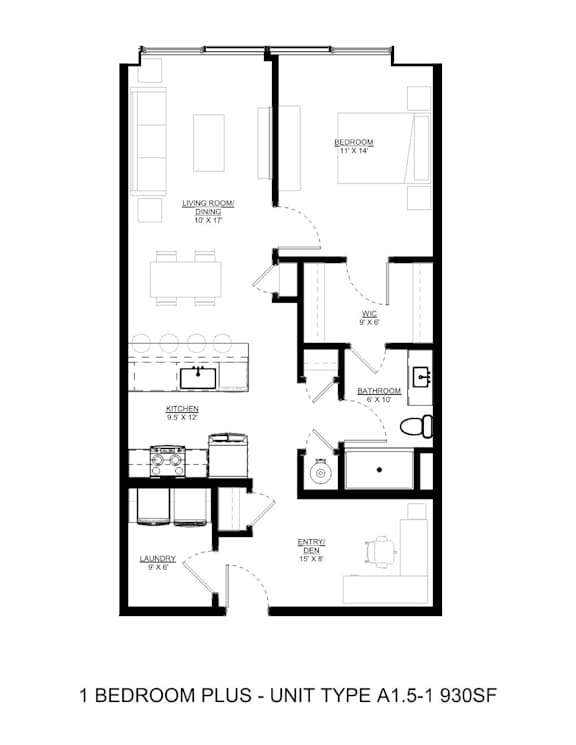 A black and white drawing of a 1 bedroom plus unit.