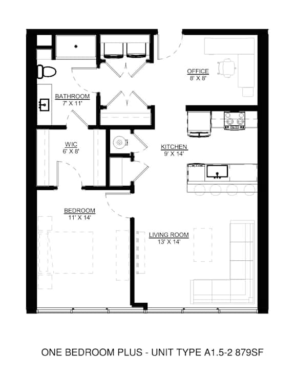 A floor plan of a one bedroom plus a living room apartment.
