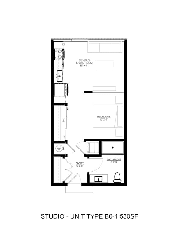 A floor plan of a studio apartment with a kitchen, bathroom and entry.