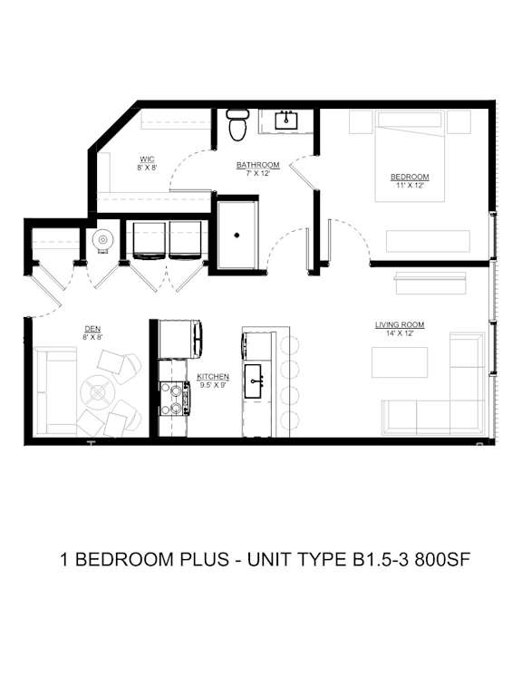 A floor plan of a 1 bedroom plus unit with a kitchen and living room.