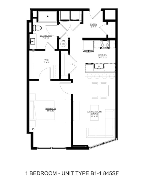 A black and white image of a 1 bedroom apartment layout.
