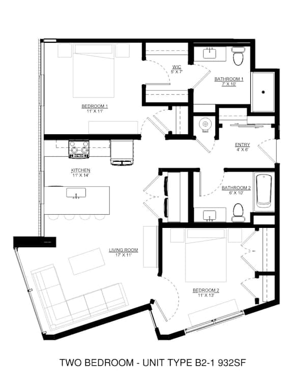 A black and white image of a two bedroom apartment layout.
