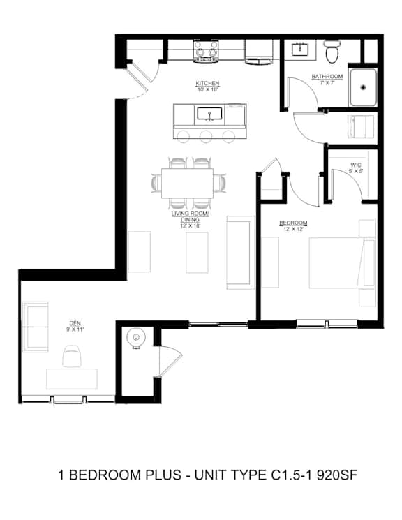 A black and white image of a floor plan for a 1 bedroom plus unit.