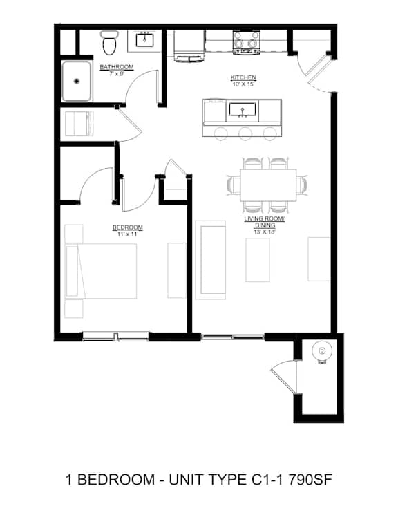 A black and white image of a 1 bedroom floor plan.