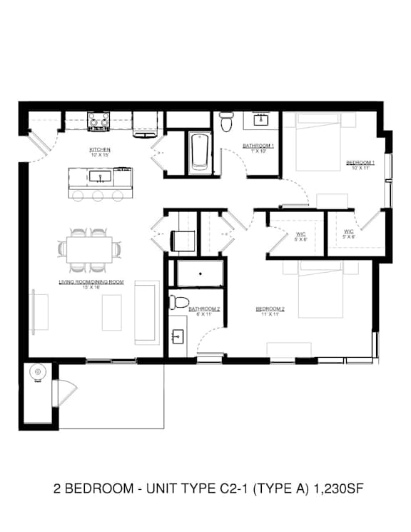 A black and white image of a 2 bedroom apartment layout.