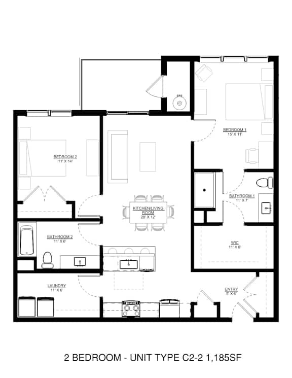 A black and white image of a 2 bedroom apartment layout.