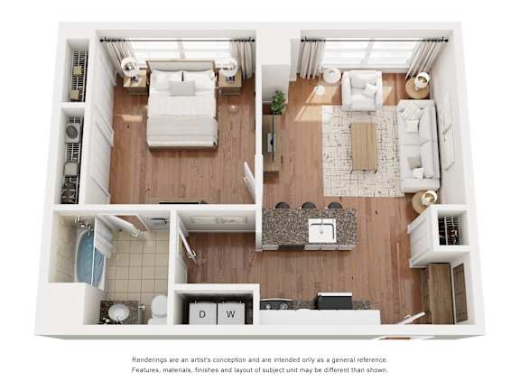Floor Plan  A top-down view of a modern, minimalist apartment layout.