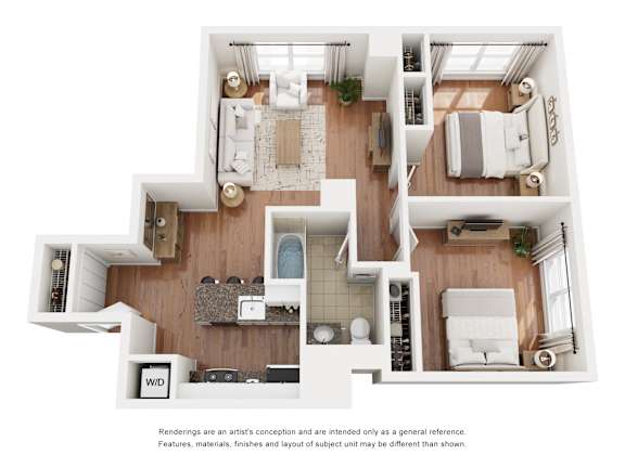Floor Plan  A top-down view of a modern, open-plan apartment layout with a kitchen, living room, and bedrooms.