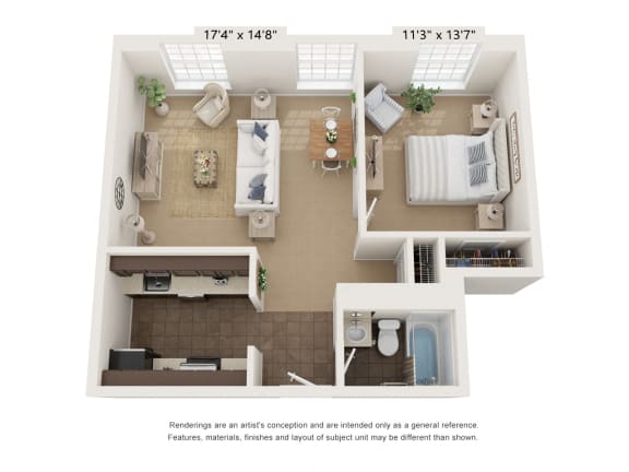 1 bed 1 bath CT1a_Flat Floor Plan 1 bed 1 bath CT1a_Flat Floor Plan at Clocktower and Velvet Mill Apartments, Connecticut, 06040
