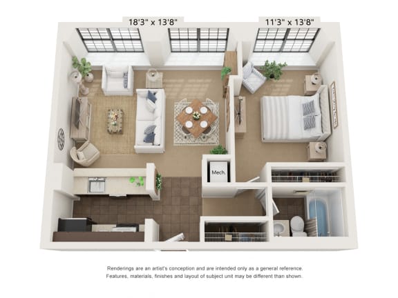 1 bed 1 bath VM1a_Flat Floor Plan 1 bed 1 bath VM1a_Flat Floor Plan at Clocktower and Velvet Mill Apartments, Connecticut