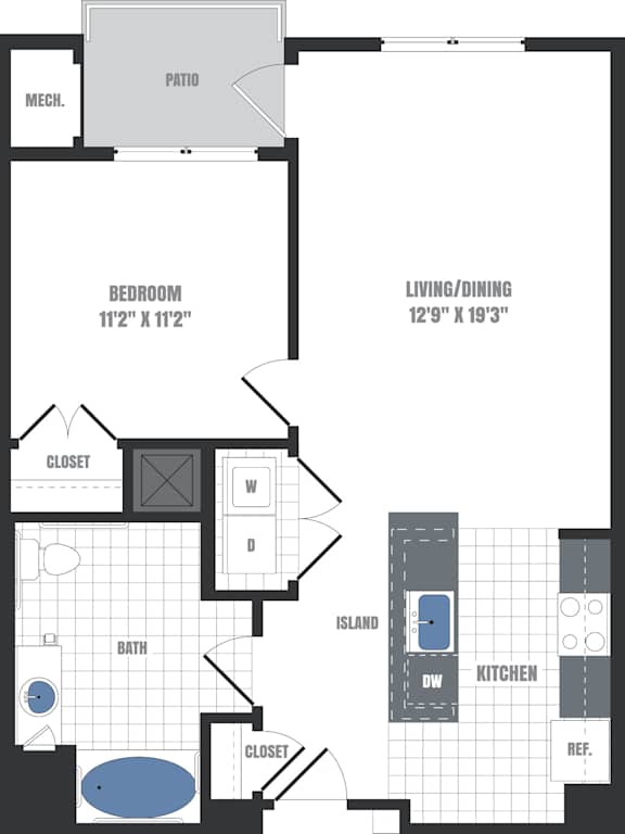 A floor plan of a home with a living room, dining room, kitchen, and bath.