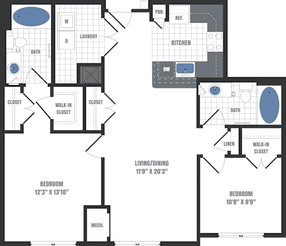 A floor plan of a two-bedroom apartment with a living/dining area and a kitchen.