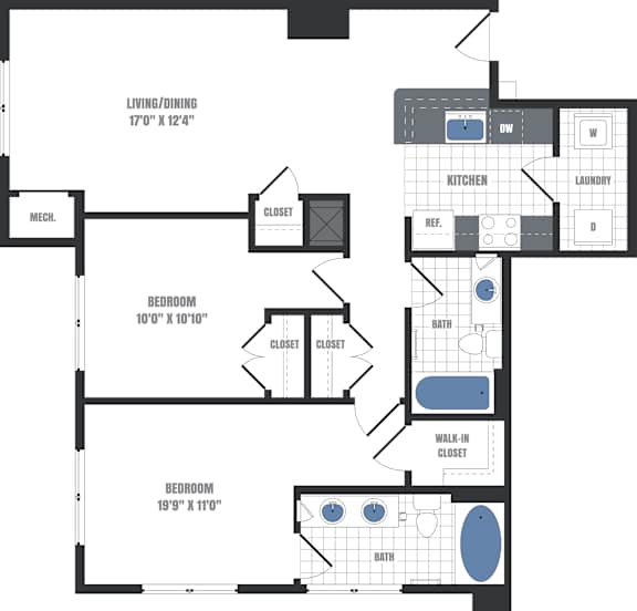 A floor plan of a house with a living room, two bedrooms, a kitchen, a laundry room, and a bathroom.