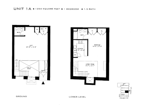 Floor Plan  Floor plan of a 1254 square feet apartment with 1 bedroom and 1.5 bath.