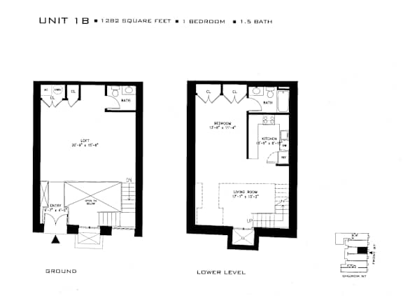 A floor plan for a 1 Bedroom, 1 Bath unit that is 1282 square feet.