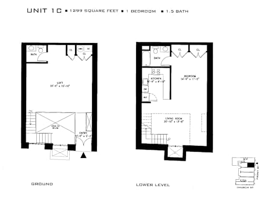 A floor plan for a 1 bedroom, 1.5 bath unit that is 1,299 square feet.