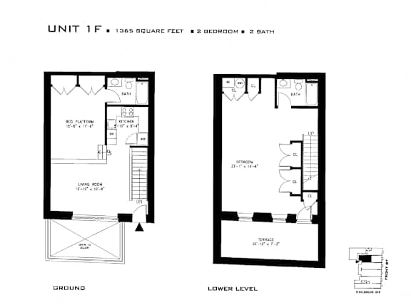 A floor plan for a 1365 square foot home with two bedrooms and two baths.
