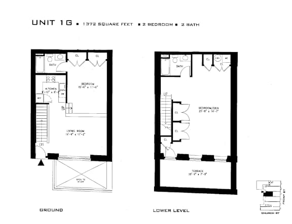 A floor plan for a unit with a ground level and lower level, featuring two bedrooms and two bathrooms.