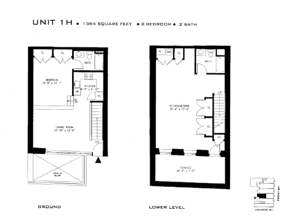 Floor Plan  A drawing of a floor plan for a 1 bedroom, 2 bath unit.
