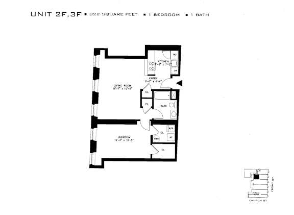 Floor Plan  A drawing of a floor plan for an apartment with 2 bedrooms and 1 bath.