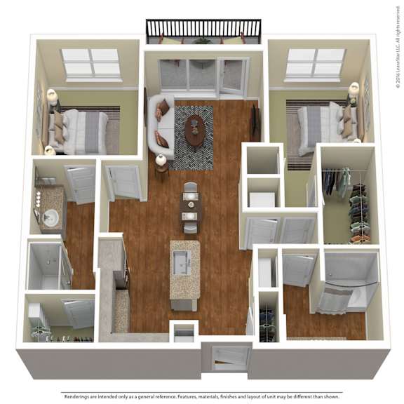 Floor Plan  A 3D floor plan of a house with various rooms and furniture.
