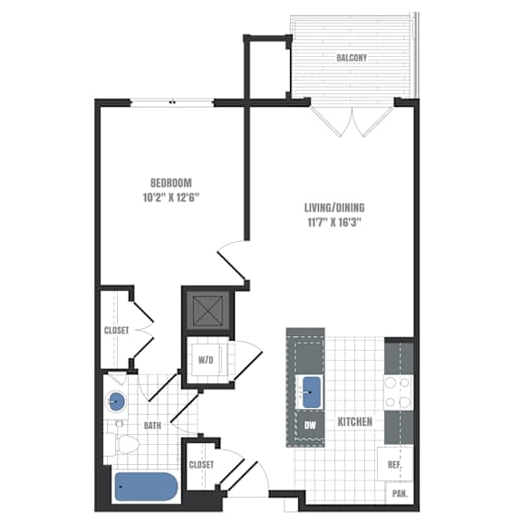 A floor plan of a small apartment with a bedroom, bathroom, kitchen, and living room.
