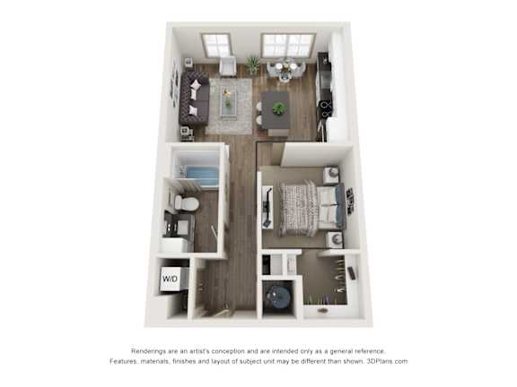 A 3D floor plan of a small apartment with a living room, kitchen, and bathroom.