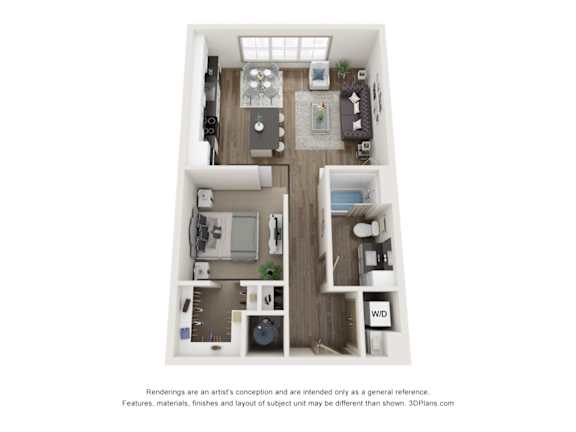 A 3D floor plan of a small apartment with a kitchen, living room, and bathroom.