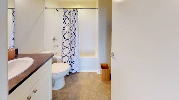 A bathroom with a toilet, sink, and shower.