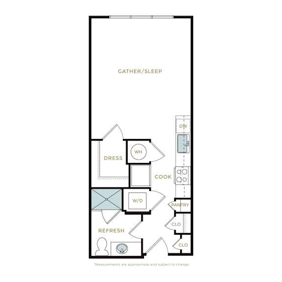 A floor plan of a small apartment with a kitchen, living room, and bathroom.