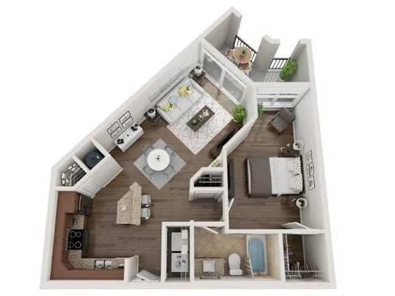 A top-down view of a house layout with a kitchen, living room, and bedrooms.