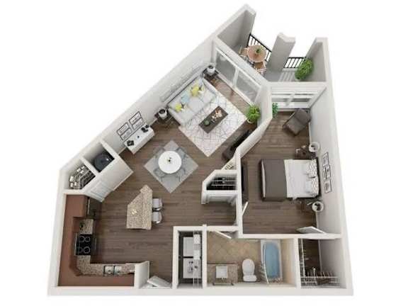 A top-down view of a small apartment with a kitchen, living room, and bathroom.