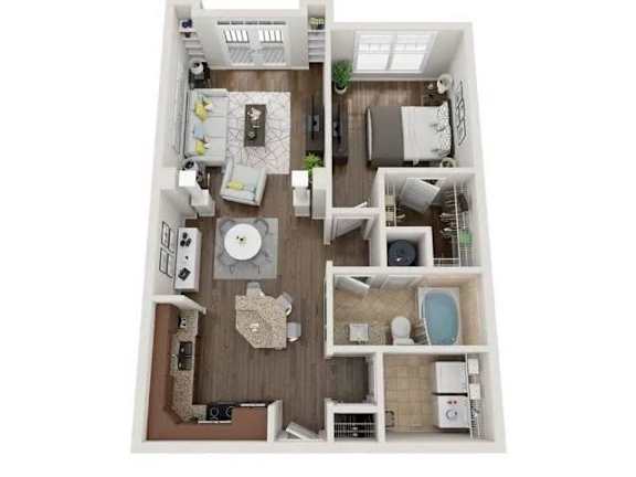 A top-down view of a small apartment with a kitchen, living room, and bathroom.
