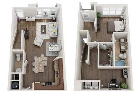 A floor plan of a two-story apartment with a living room, kitchen, and bedrooms.