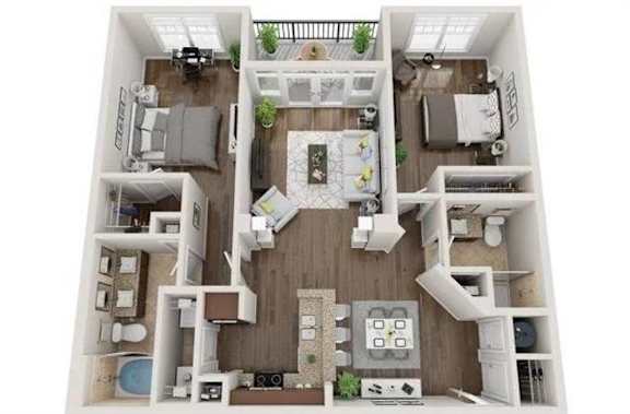 A top-down view of a small apartment with a kitchen, living room, and bedroom.