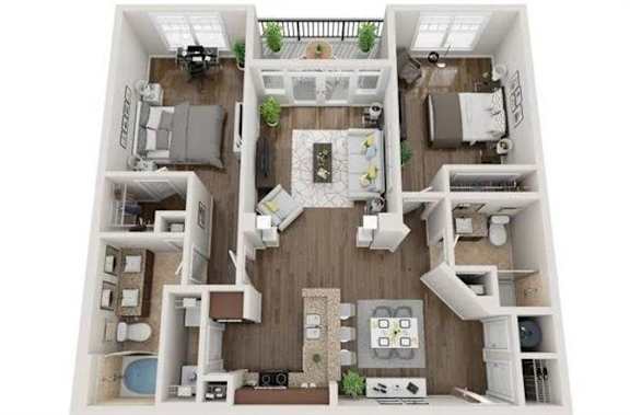 A top-down view of a modern apartment layout with a kitchen, living room, and two bedrooms.