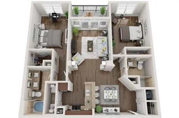 A top-down view of a small apartment with a kitchen, living room, and bedroom.