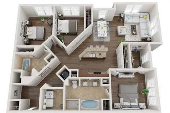 A 3D floor plan of a house with multiple rooms and furniture.