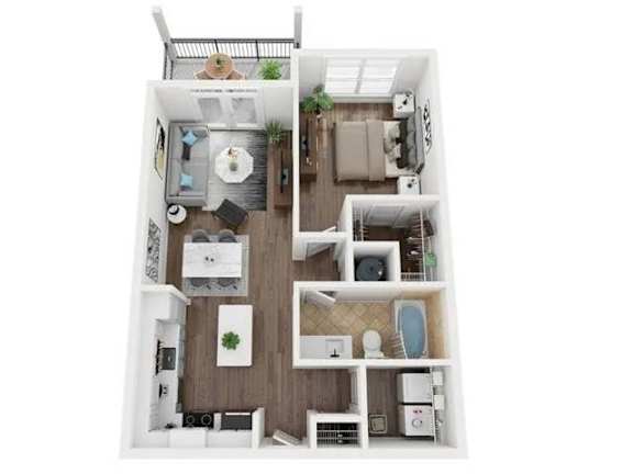 A top-down view of a small apartment with a kitchen, living room, and bathroom.