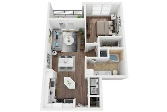 A top-down view of a small apartment with a kitchen, living room, and bedroom.