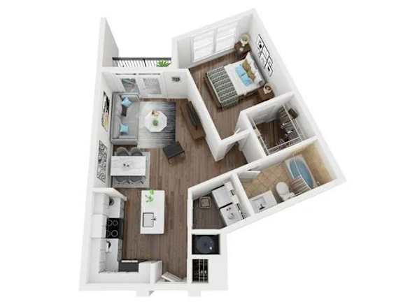 A top-down view of a small apartment with a kitchen, living room, and bedroom.