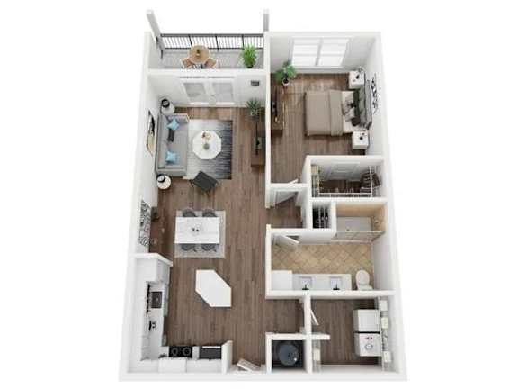 A top-down view of a small apartment with a kitchen, living room, and bedroom.