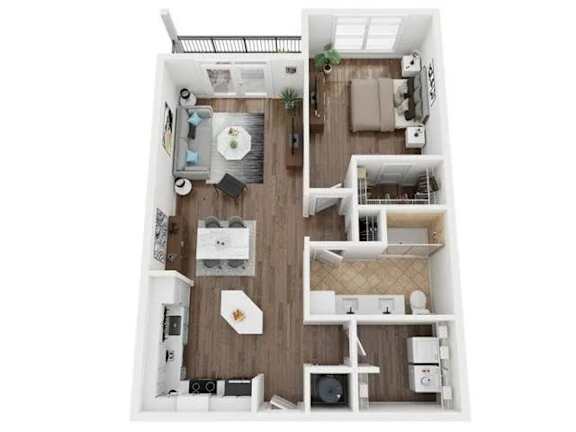 A white and wood floor plan of a small apartment with a kitchen, living room, and bathroom.