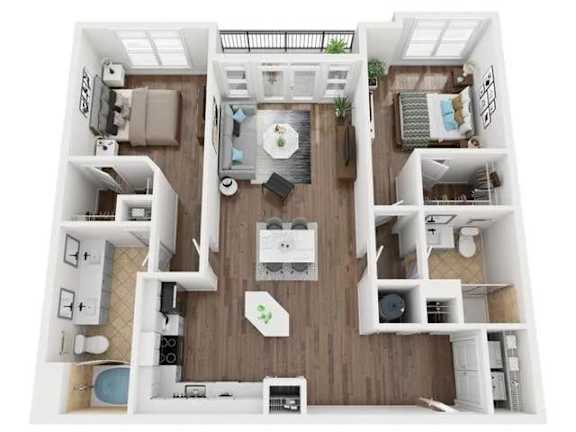 A top-down view of a small apartment with a kitchen, living room, and bedroom.