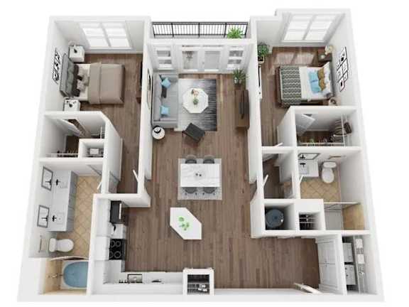 A top-down view of a small apartment with a kitchen, living room, and bedroom.