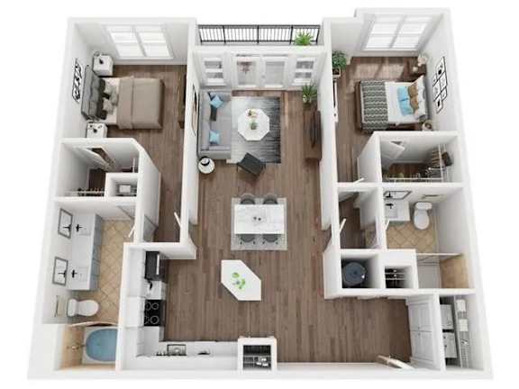 A top-down view of a small apartment with a kitchen, living room, and bedroom.
